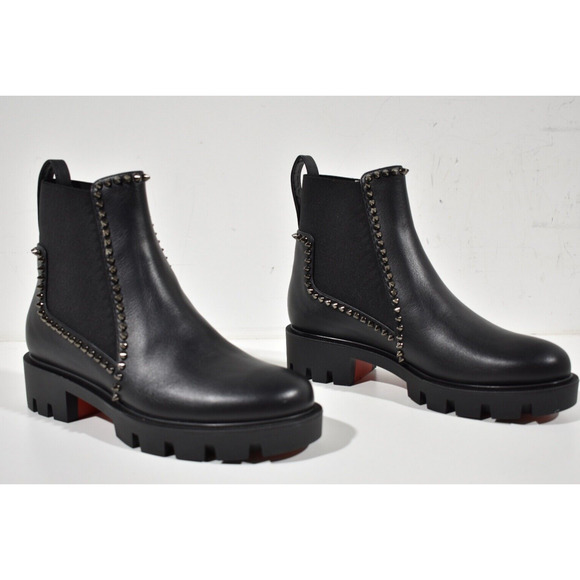 Christian Louboutin Out Lina Spike Lug Flat Black Calf Chelsea Ankle Boot 40.5 - Picture 4 of 12